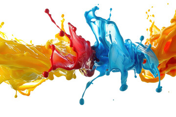 Orange and blue paint splash mixing on white background