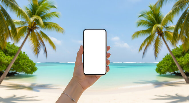 A person's hand holding a smartphone with a blank white screen against a beautiful tropical beach with palm trees.