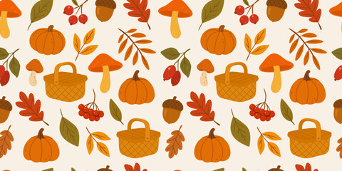 Seamless autumn pattern with pumpkins, mushrooms, picnic baskets, berries, acorns, and fall leaves, cozy hand drawn vector background for seasonal textile, wrapping paper, or wallpaper design