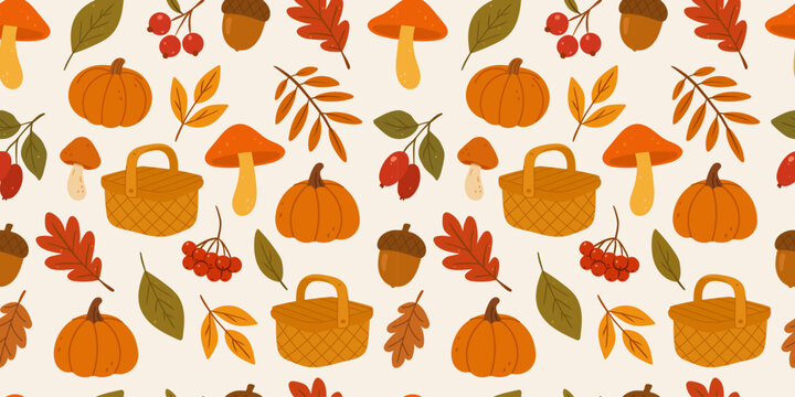 Seamless autumn pattern with pumpkins, mushrooms, picnic baskets, berries, acorns, and fall leaves, cozy hand drawn vector background for seasonal textile, wrapping paper, or wallpaper design