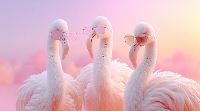 Three pink flamingos, wearing sunglasses, against a pastel pink and orange sky