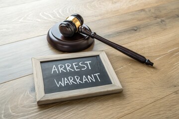 Gavel and chalkboard displaying 'Arrest Warrant' on wooden table, symbolizing legal proceedings