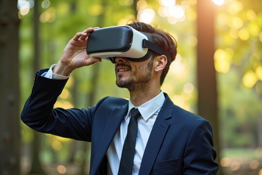 Businessman Embraces Virtual Reality in the Heart of Nature