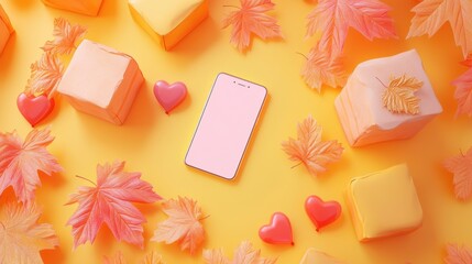 Abstract 3D model of a smartphone and shopping online,autumn sale,black friday,autumn season,gifts discounts and digital payment solutions.