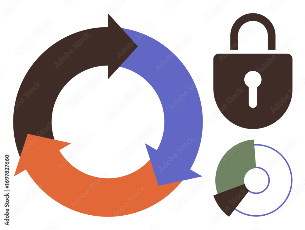 Aufkleber three-color circular arrow diagram, a lock for security representation, and pie chart element. ideal
