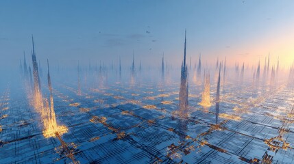 Obraz premium Futuristic Cityscape At Dawn With Glowing Lights