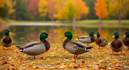 Autumn ducks gather by reflective water with vibrant fall foliage