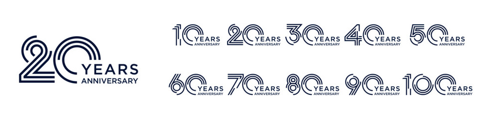 collection anniversary 10 to 100 year logo designs. abstract number for celebration event, wedding, greeting card, and invitation, vector illustration