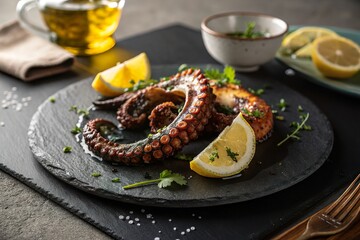 Grilled octopus garnished with lemon and herbs on a slate plate, surrounded by olive oil and fresh greens