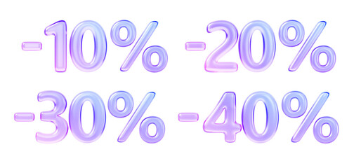 3d glass holographic liquid transparent discount numbers. Crystal gradient figures minus 10, 20, 30, 40 percent price, holiday sale offer, ad promo design, isolated render icon set