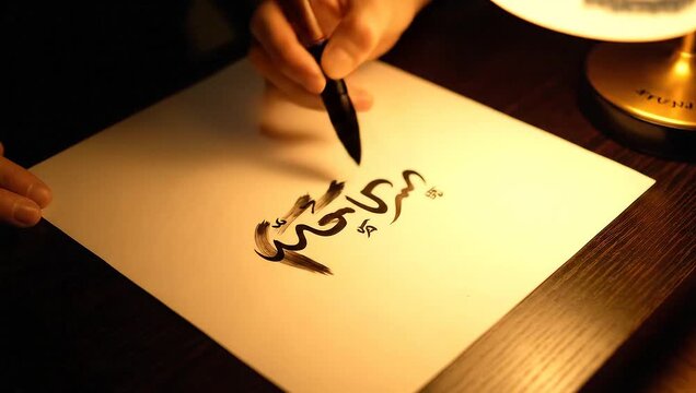 Skilled Calligrapher Masterfully Writes Elegant Arabic Script with an Ink Brush Under Warm Lamplight.