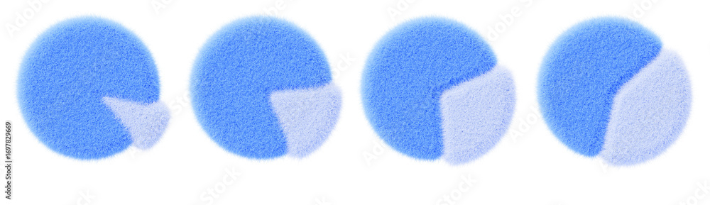Poster 3d blue fur fluffy pie chart icon set. wool felt circle diagram, infographic render element for budg