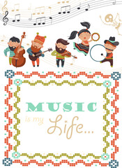 Vector greeting card with musicians and dancer