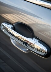 Obraz premium Chrome vehicle door handle reflecting an urban environment and sky