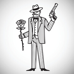 Stylized man in pinstripe suit holding gun and rose gangster mafia