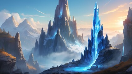A mystical landscape featuring towering magical crystal spires glowing amidst a vast and epic mountain range