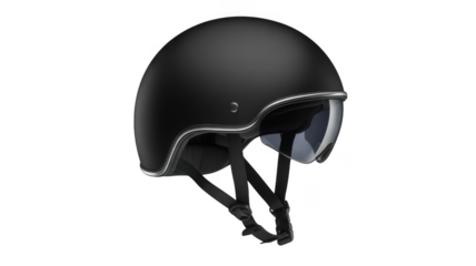 Sleek matte black motorcycle helmet with a clear visor isolated on transparent background