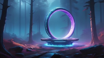 Obraz premium Ethereal scene of a luminous circular gateway in a misty woodland, a magical portal to an unknown universe