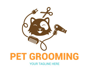 Cat or pet grooming and washing logo design template. Pet Care salon sign. Vector illustration.