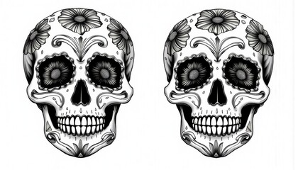  Two identical sugar skulls decorated with bright colors and intricate patterns perfectly reflect the culture of the Day of the Dead. The black and white details create a unique aesthetic 