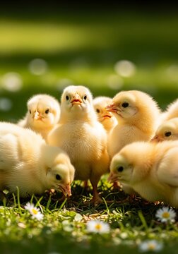 Curious fluffy chicklings on verdant grass with scattered white daisies