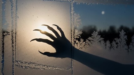 Eerie clawed hand casts a stark shadow on a frost-covered window pane at sunset - Powered by Adobe