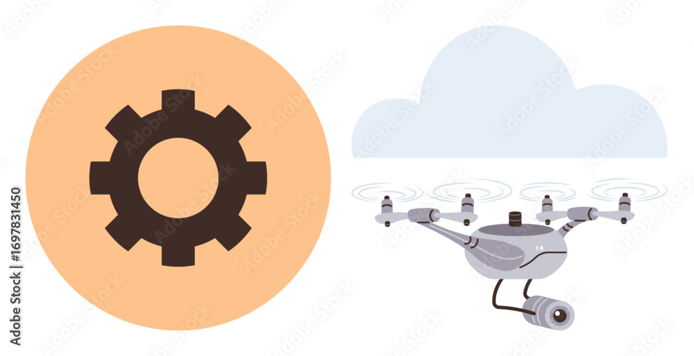 Poster flying quadcopter with camera and multiple rotors next to gear in circular background under cloud. i