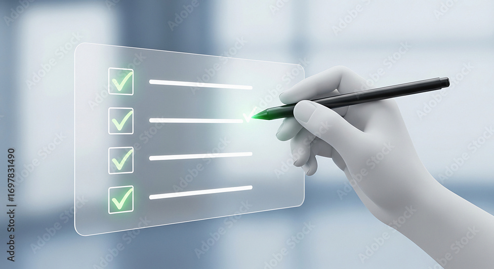 Poster hand with pen selecting item on digital interactive display with checklist progress and task managem