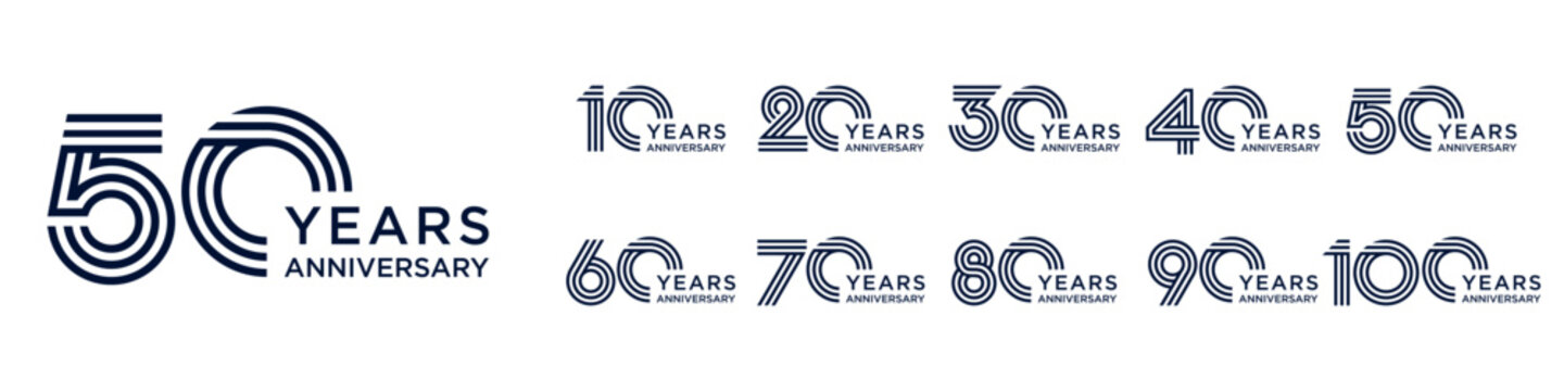 collection anniversary 10 to 100 year logo designs. abstract number for celebration event, wedding, greeting card, and invitation, vector illustration