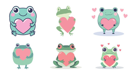 Vector illustration of a set of funny cartoon frogs with hearts