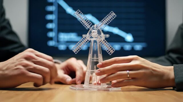Hands Constructing Wind Turbine Model for Renewable Energy Project