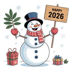 Cheerful snowman welcomes 2026 with gifts and festive joy, ready for winter holiday fun