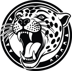 Vector art of a fierce black and white illustration of a jaguars head roaring with its mouth open, sharp teeth bared, set within a circular frame with tribal patterns