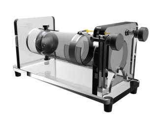 Specialized scientific Rodent Restraint Device (MiceRat Restrainer) for preclinical research and animal handling. Isolated 3D render of lab equipment with adjustable clear acrylic tube.