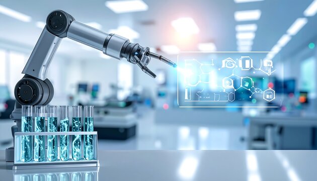 Robotic arm in a modern laboratory performing scientific experiments with test tubes and digital interface. - Powered by Adobe