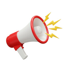 Red and white megaphone with yellow lightning bolts isolated on transparent background