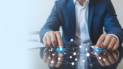 Business professional connecting network nodes for innovative project growth and business strategy