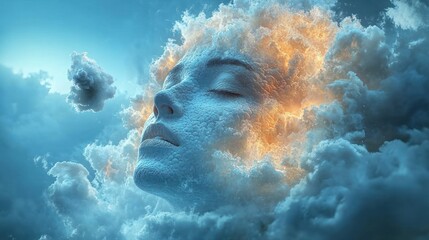Cloud woman with serene face, fiery glow