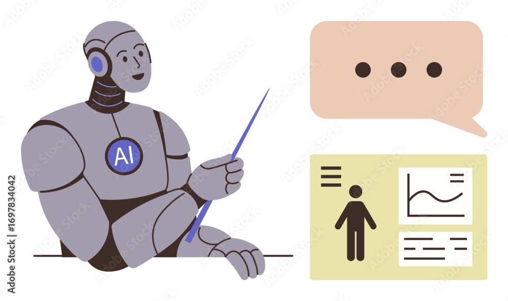 Poster ai robot using pointer for presenting data charts and icons, accompanied by a speech bubble. ideal f