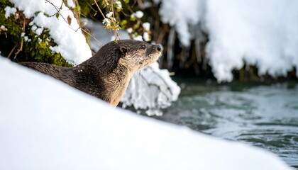 Obraz premium River otter in snowy winter landscape