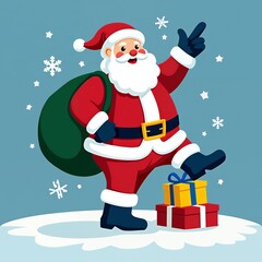 Jolly Santa Claus with sack and presents on snowy ground Christmas holiday