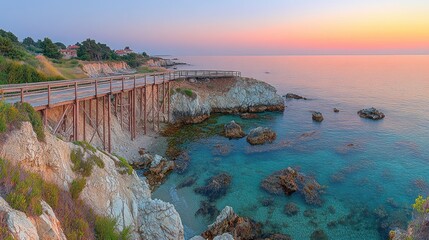Coastal wooden walkway at sunrise