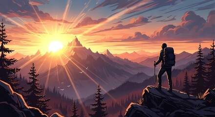 Fototapeta premium Hiker at Sunset Mountain View.