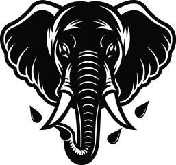 Obraz premium Vector art of a striking black and white graphic illustration of an elephants head, with its tusks and trunk prominent, isolated on a