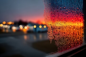 Colorful raindrops on window at sunset