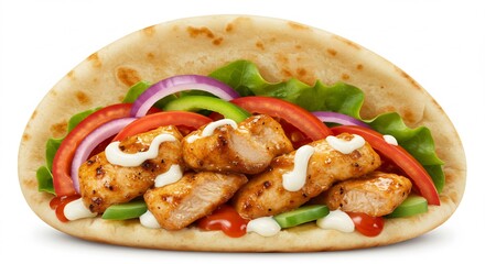 Delicious grilled chicken pita pocket bursting with fresh vegetables and creamy sauce. AI Generated