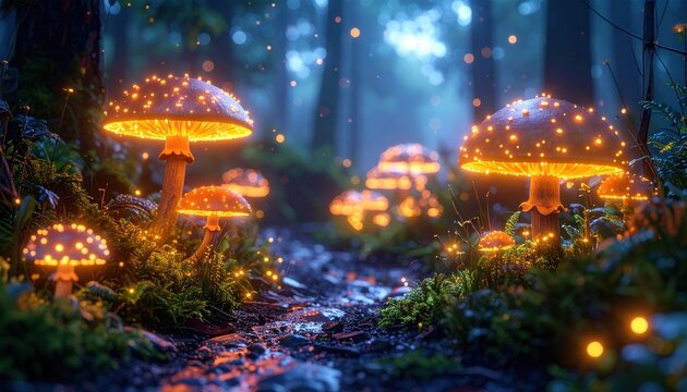 Bioluminescent Mushrooms in a Forest Path