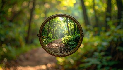 Circular mirror reflecting a forest path