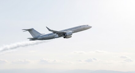 Silver airplane gracefully ascends through soft morning light leaving a vapor trail. AI Generated