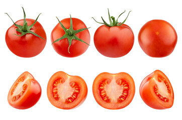 Fototapeta premium Set of fresh red cherry tomatoes, whole and sliced in half, showcasing juicy pulp and seeds, green stems. Perfect for organic food advertising, design. Isolated on white background.